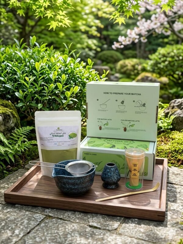 Matcha 100g + Kit Matcha Japonais Premium – Set Complet 6 en 1 (Bol + Chasen + Tamis + Cuillère + Support)